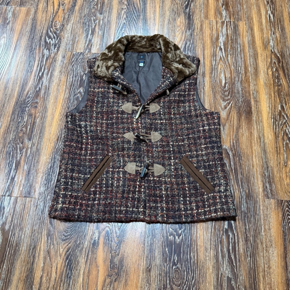 Vintage Wool Baxis Brown Tweed Toggle Vest Faux Fur Collar XL Jacket Plaid Multi